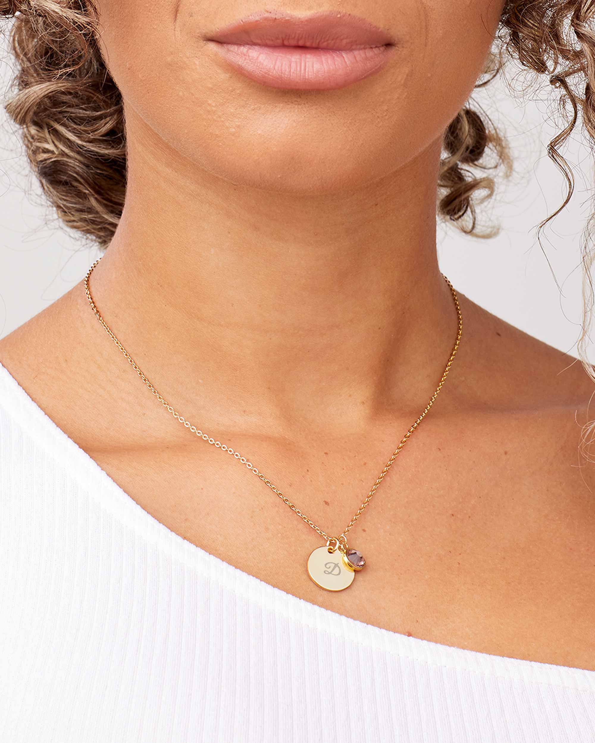 Gold Birthstone Engraved Initial Necklace