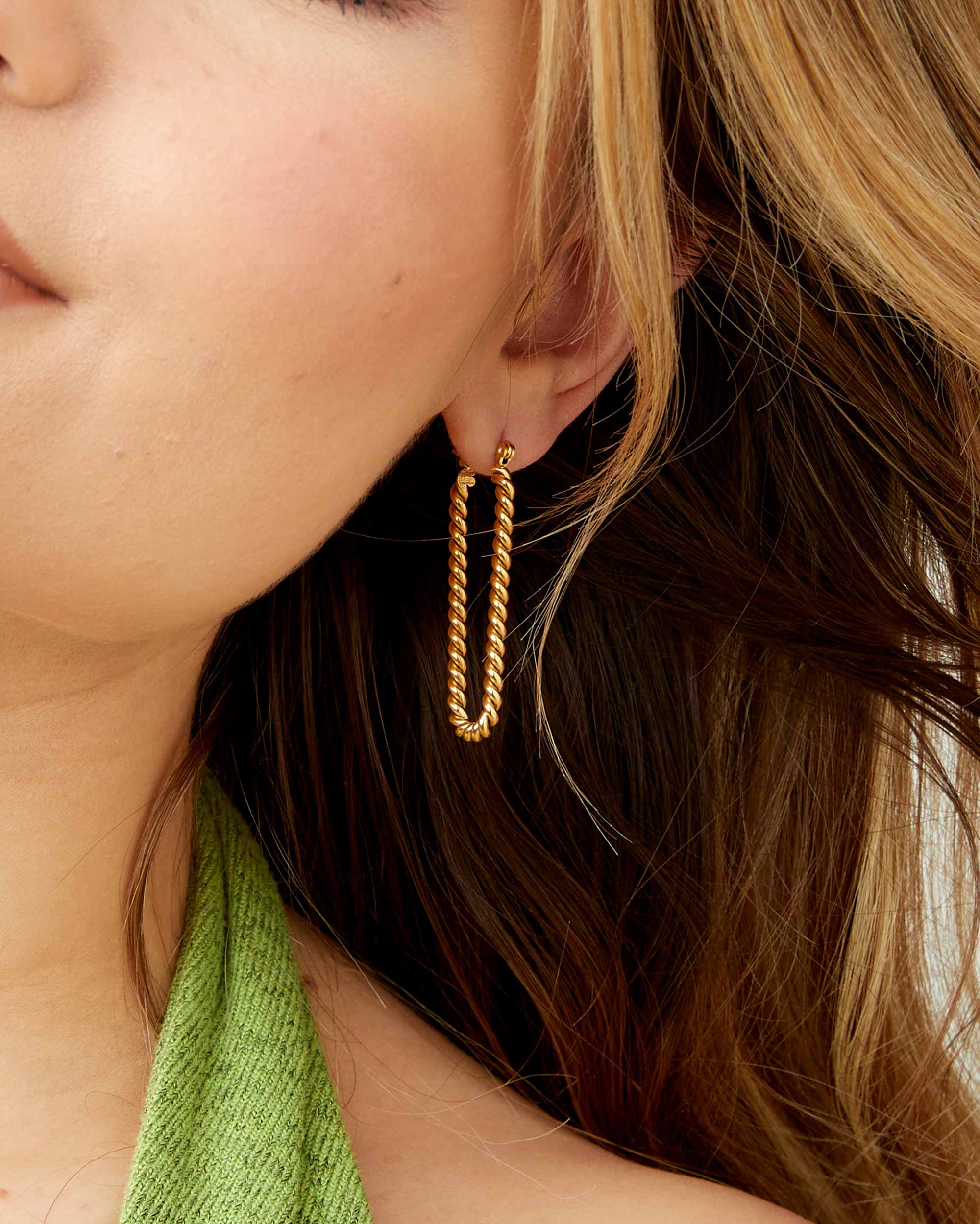 Gold Rectangle Hoop Twisted Earrings
