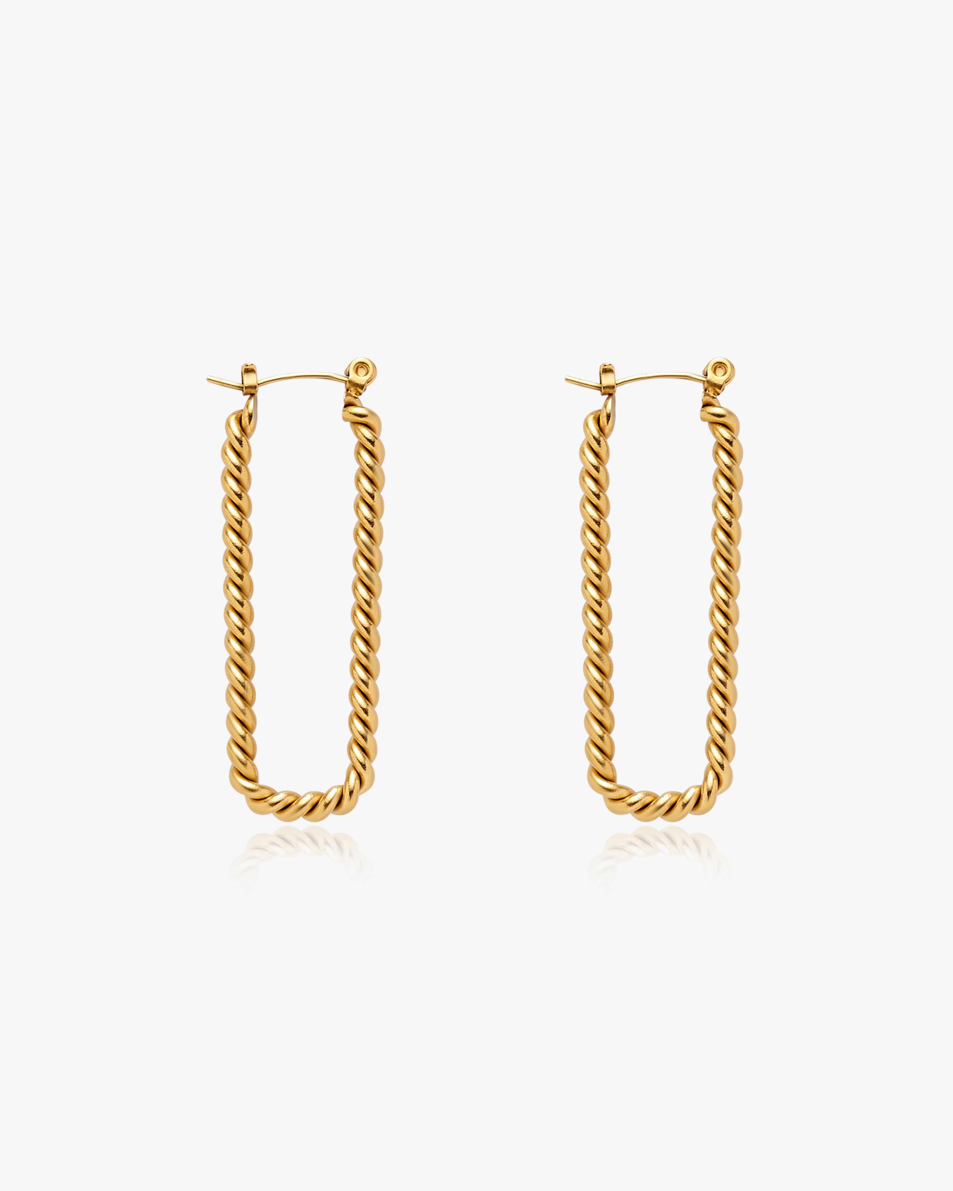 Gold Rectangle Hoop Twisted Earrings